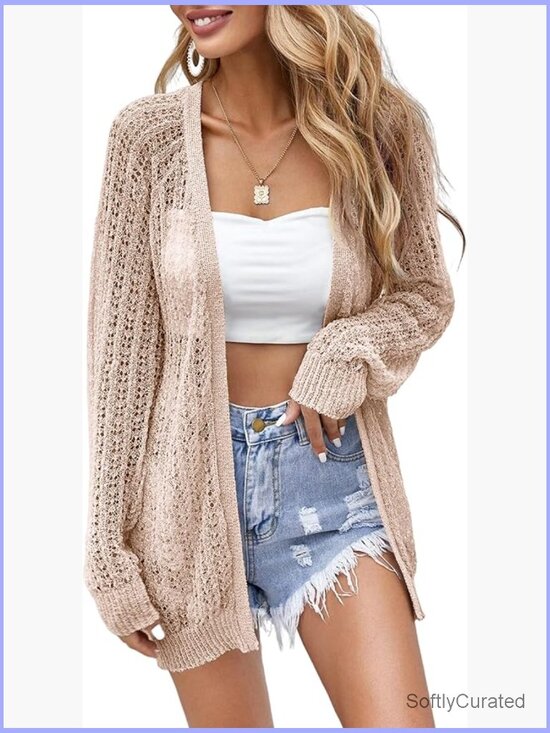 Sweaters - Crochet Lightweight Open Front Cardigan Long Sleeve Summer Cover Up